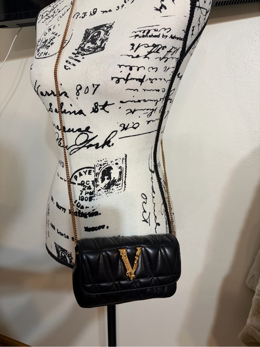 NWT Versace Mini Virtus Quilted Black crossbody with Gold Chain Strap & Hardware